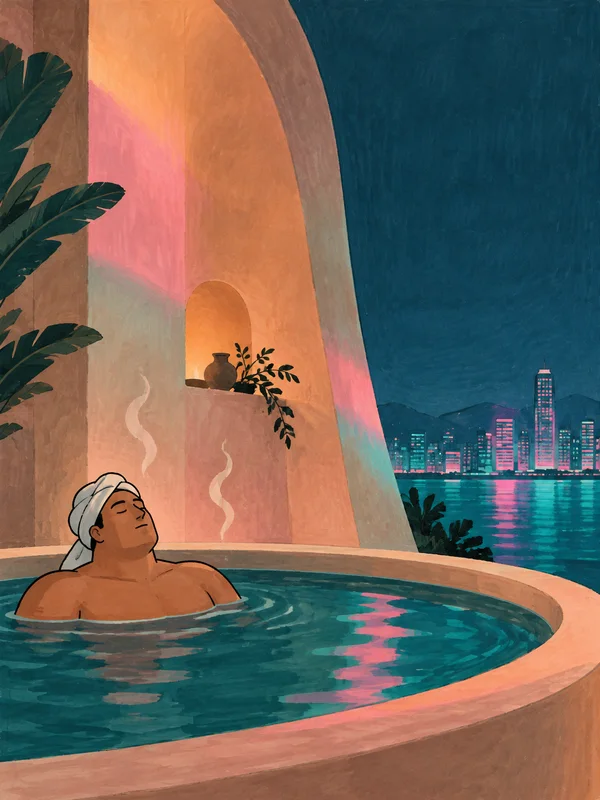 A towel-wrapped adult relaxes shoulder-deep in a broad oval pool beneath a tall curved peach-colored alcove, with steam curls, leafy plants, and a…
