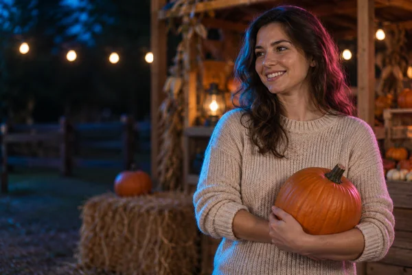 A smiling woman in an oatmeal knit sweater cradles a large orange pumpkin at a wooden harvest stall, with a straw bale and softly glowing bulbs in the dark…