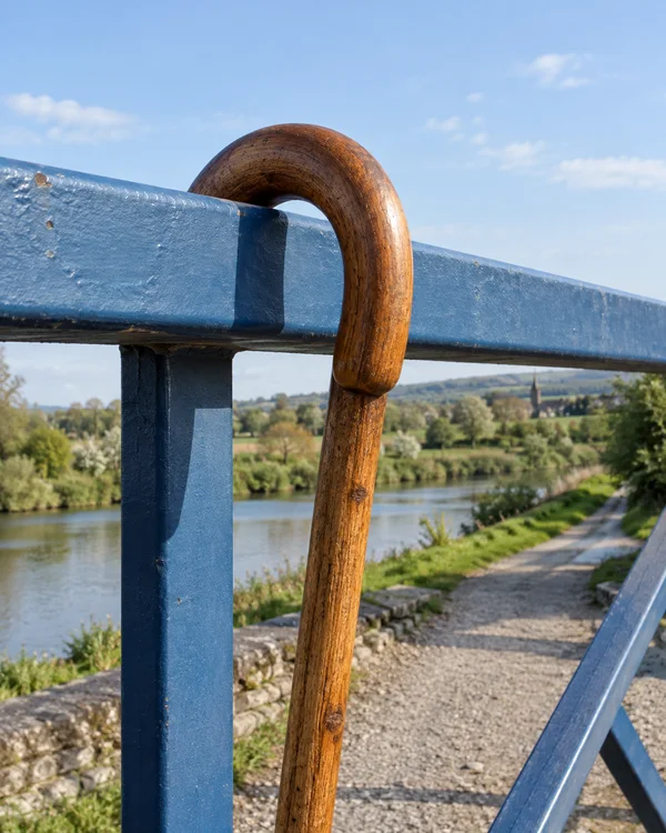 A warm brown wooden walking stick hangs by its curved handle over a blue-painted metal rail, with a gravel path, river, greenery and open sky in the background.