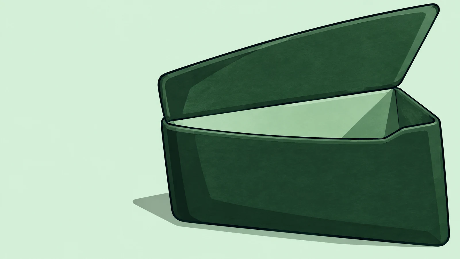 A very wide dark forest-green wallet stands open against a pale mint background, its large flap raised diagonally above an empty mint-colored interior; broad…