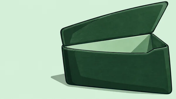 A very wide dark forest-green wallet stands open against a pale mint background, its large flap raised diagonally above an empty mint-colored interior; broad…