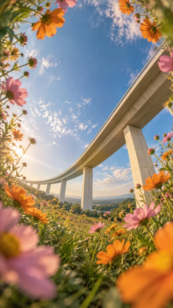 A pale concrete elevated roadway sweeps across a flower-filled meadow beneath a blue, cloud-dappled sky, framed by softly blurred orange and pink blossoms.