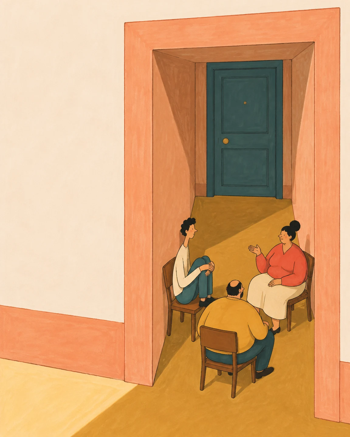 Three neighbors sit on wooden chairs in a small inward-facing group inside a deep peach-framed apartment entrance, with one person gesturing and a closed teal…
