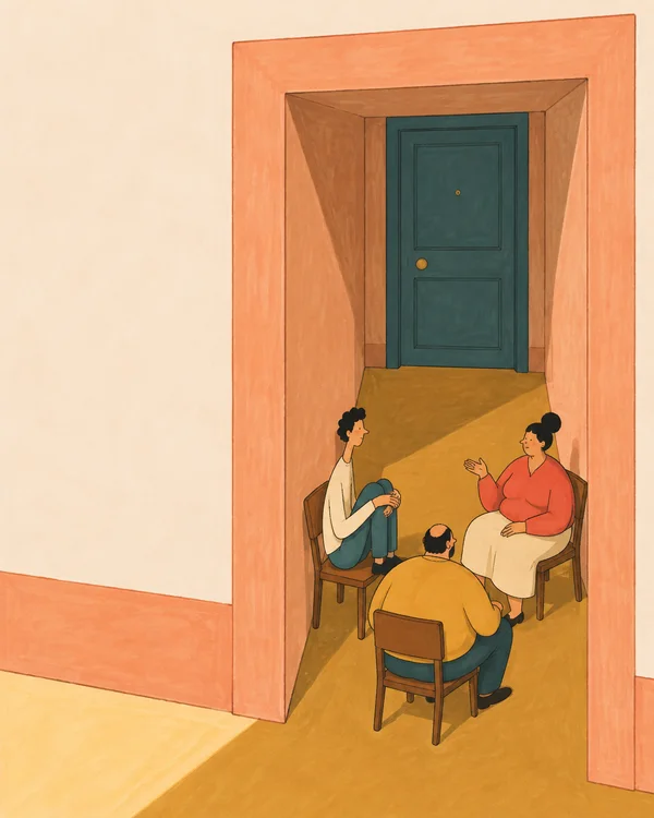 Three neighbors sit on wooden chairs in a small inward-facing group inside a deep peach-framed apartment entrance, with one person gesturing and a closed teal…