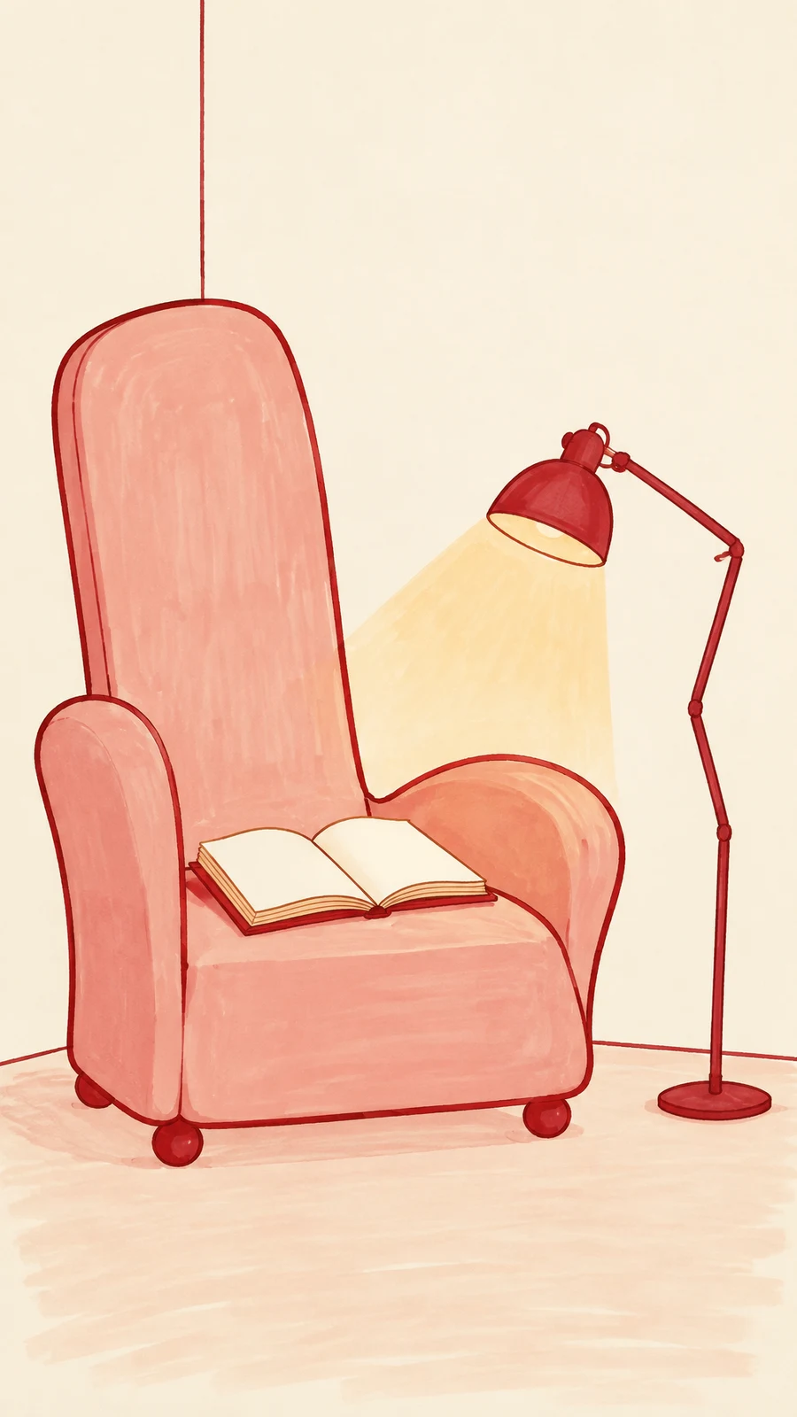 A blush-pink armchair with an open blank book sits beside a crooked red floor lamp casting warm light, against a sparse cream interior.