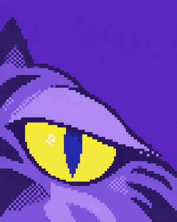 A highly stylized close-up of a cat’s yellow eye with a vertical blue pupil, framed by lilac and dark violet pixel-edged contours against a violet background.