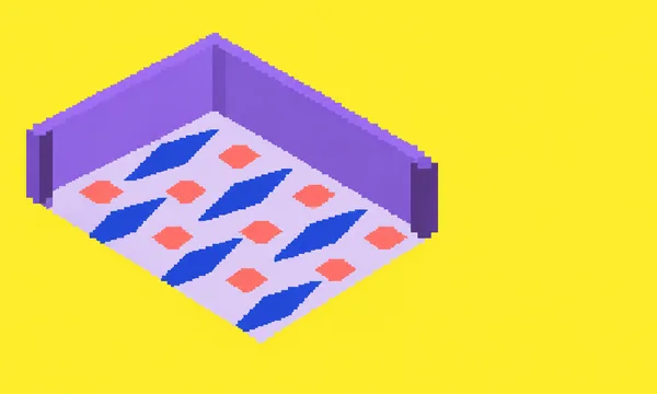 An isometric open-roof room with two violet walls and a pale lavender floor patterned with elongated blue diamonds and coral squares, set against a bright…