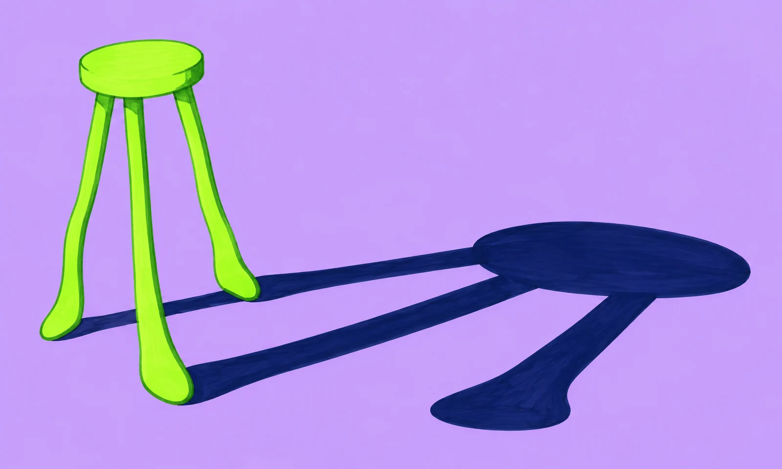 A tall lime-green three-legged stool with a thick oval seat stands on a lilac background, casting an oversized dark navy shadow diagonally to the right.