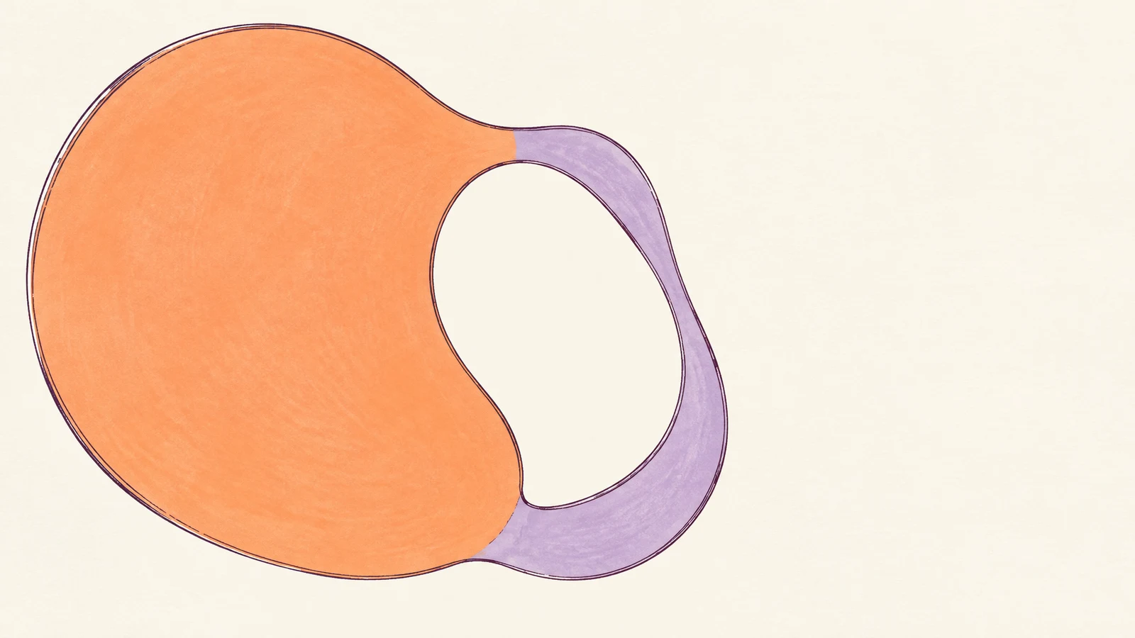 A large abstract loop with a broad melon-orange left side and a narrower lilac curve on the right, outlined in fine dark plum lines against warm ivory paper…