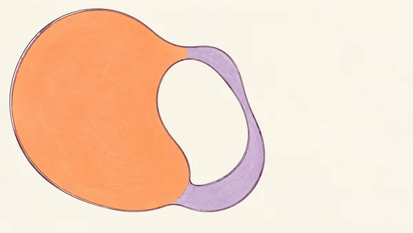 A large abstract loop with a broad melon-orange left side and a narrower lilac curve on the right, outlined in fine dark plum lines against warm ivory paper…