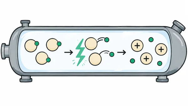 A long gray transparent experimental chamber on a white background contains a left-to-right ionization diagram: three beige atoms with green dots, a green…