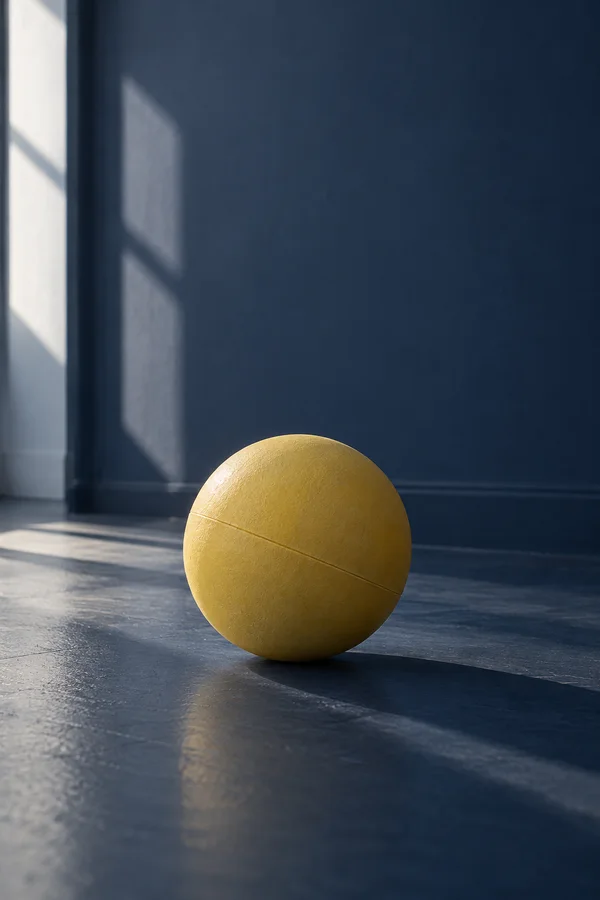 A pale-yellow rubber ball rests on a dark navy floor against a matching wall, lit by daylight from a bright window area at the left; its molded seam and long…