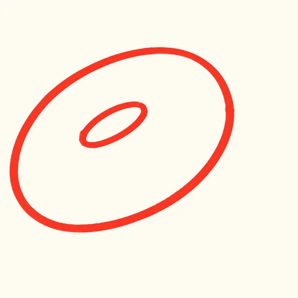 A bold vermilion marker drawing of a large tilted oval ring with a small off-centre elliptical opening on an ivory background.
