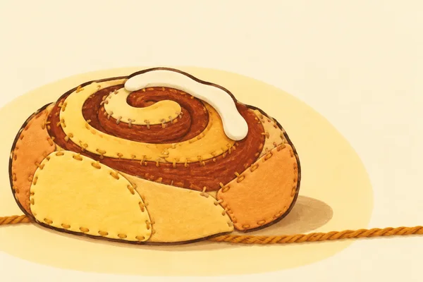 A large squat cinnamon bun with a broad russet spiral and cream icing swoosh sits on a warm cream background.