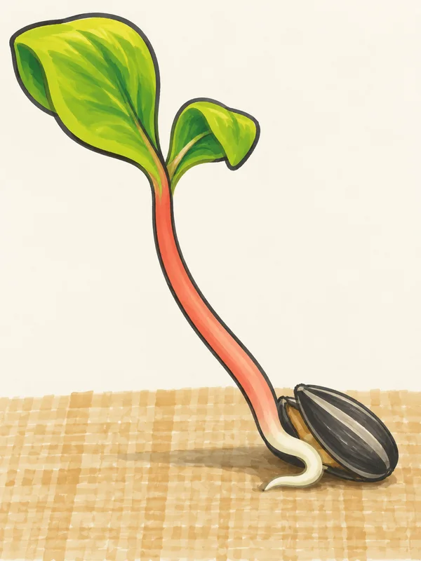 A stylized sunflower seedling grows from a split charcoal hull on a tan woven-looking surface.