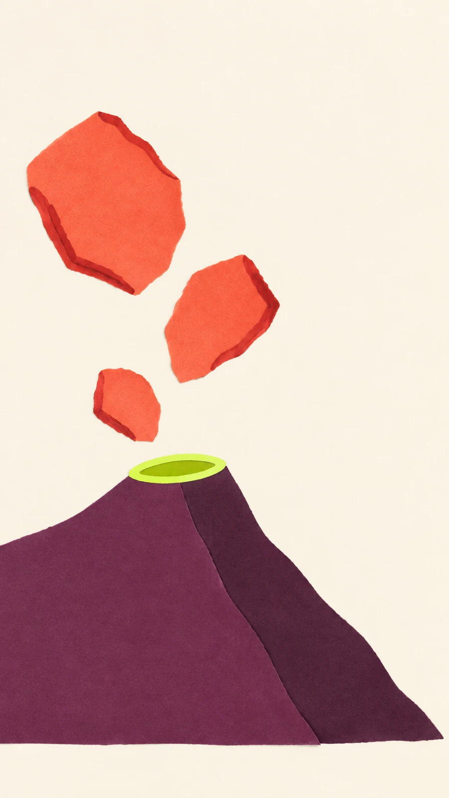 A broad plum-colored paper volcano with a bright lime oval crater fills the lower part of a warm ivory background.