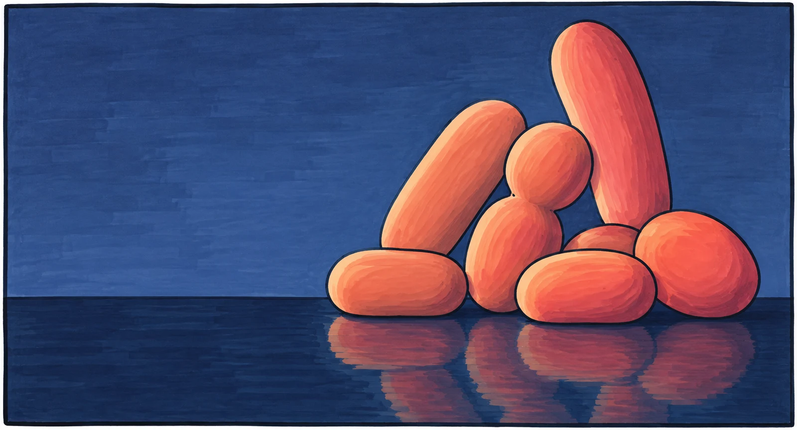 A heap of coral and peach capsule-like forms sits on a dark blue tabletop, with a muted reflection below and open blue space to the left, inside a dark ink…