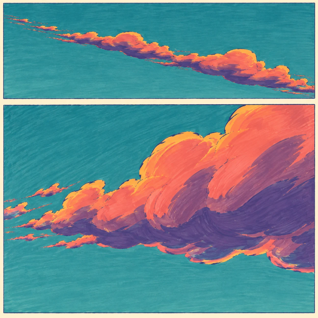 A coral and violet ribbon cloud stretches diagonally across a teal sky in a small upper panel; a closer view below shows broad rolling folds and wisps trailing…