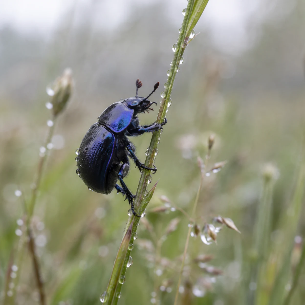 A glossy blue-black beetle with a violet sheen climbs a dew-beaded grass stem against a softly blurred green meadow background.