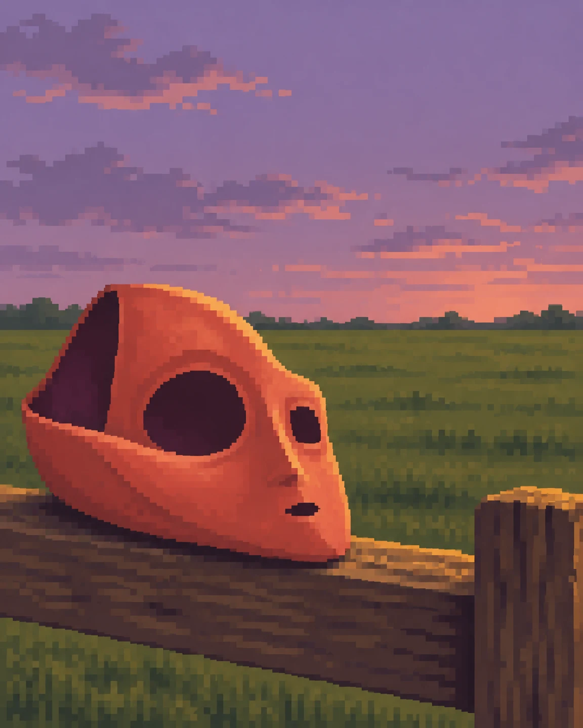 A coral theatrical mask with one large eye opening, a smaller opening and a tiny mouth rests on a wooden fence rail in front of a green pasture and a…