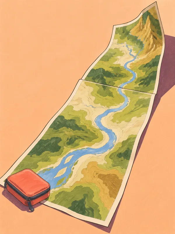 An elongated illustrated topographic map lies diagonally across a peach tabletop, with a winding blue river, a raised far edge, and a coral zippered pouch…