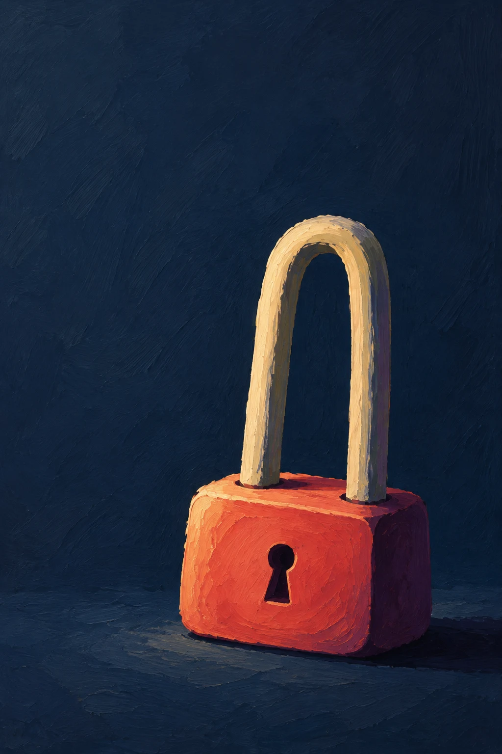 A chunky coral padlock with a tall cream shackle stands low against a textured dark ink-blue background, with a small dark keyhole and a short shadow beneath…