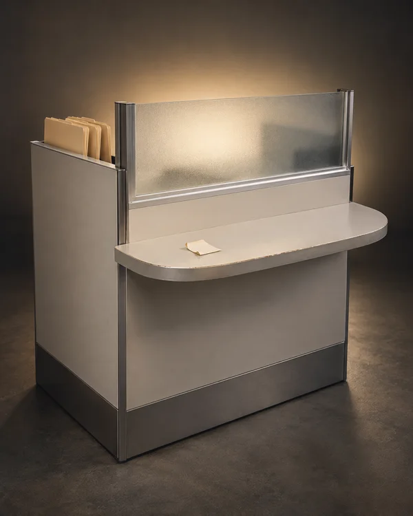 A freestanding light-colored records counter with a rounded ledge, metal trim, frosted privacy screen, and several manila folders in a side slot.
