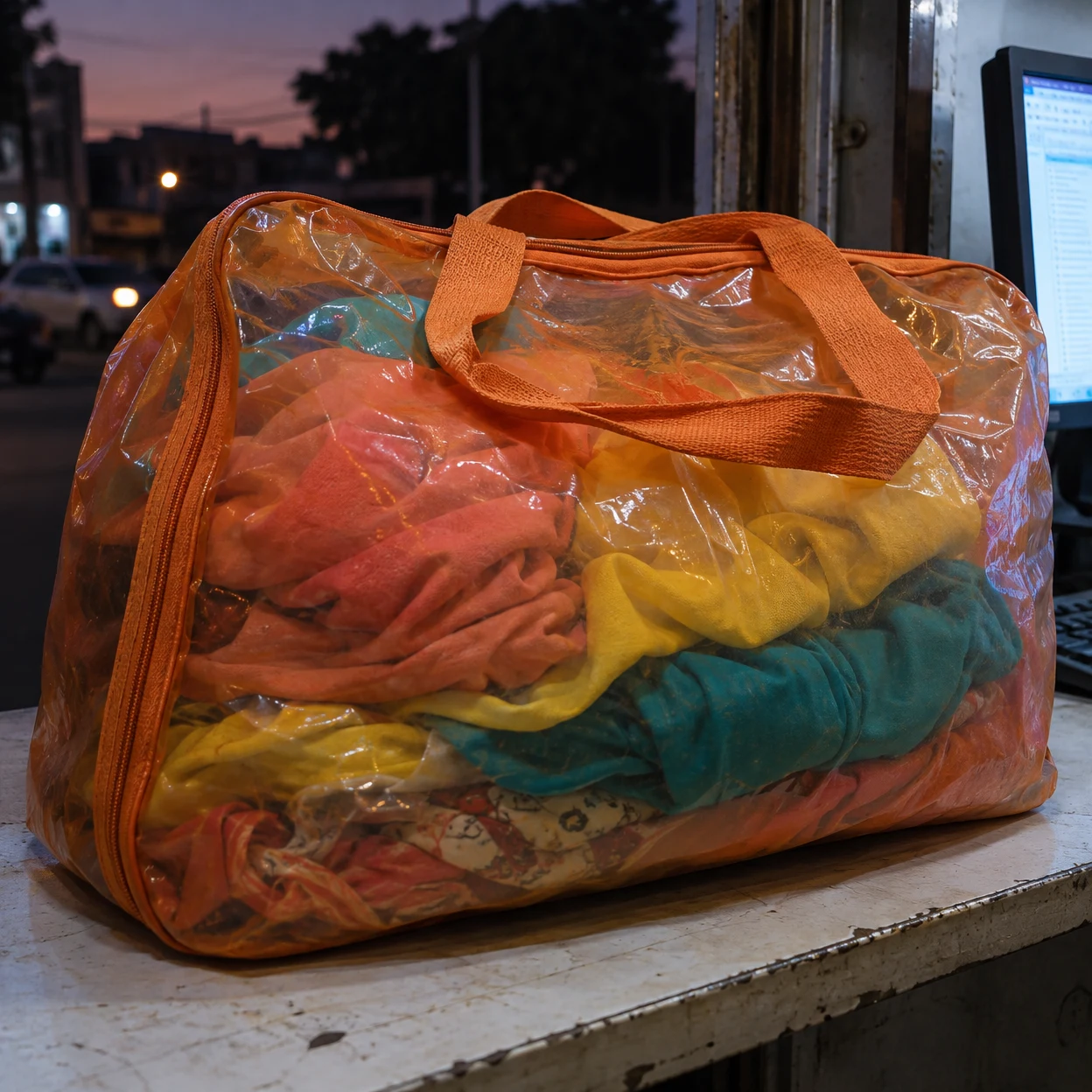 A translucent orange zippered carryall packed with coral, yellow and turquoise clothing rests on a worn counter at a street-facing kiosk at dusk; a computer…