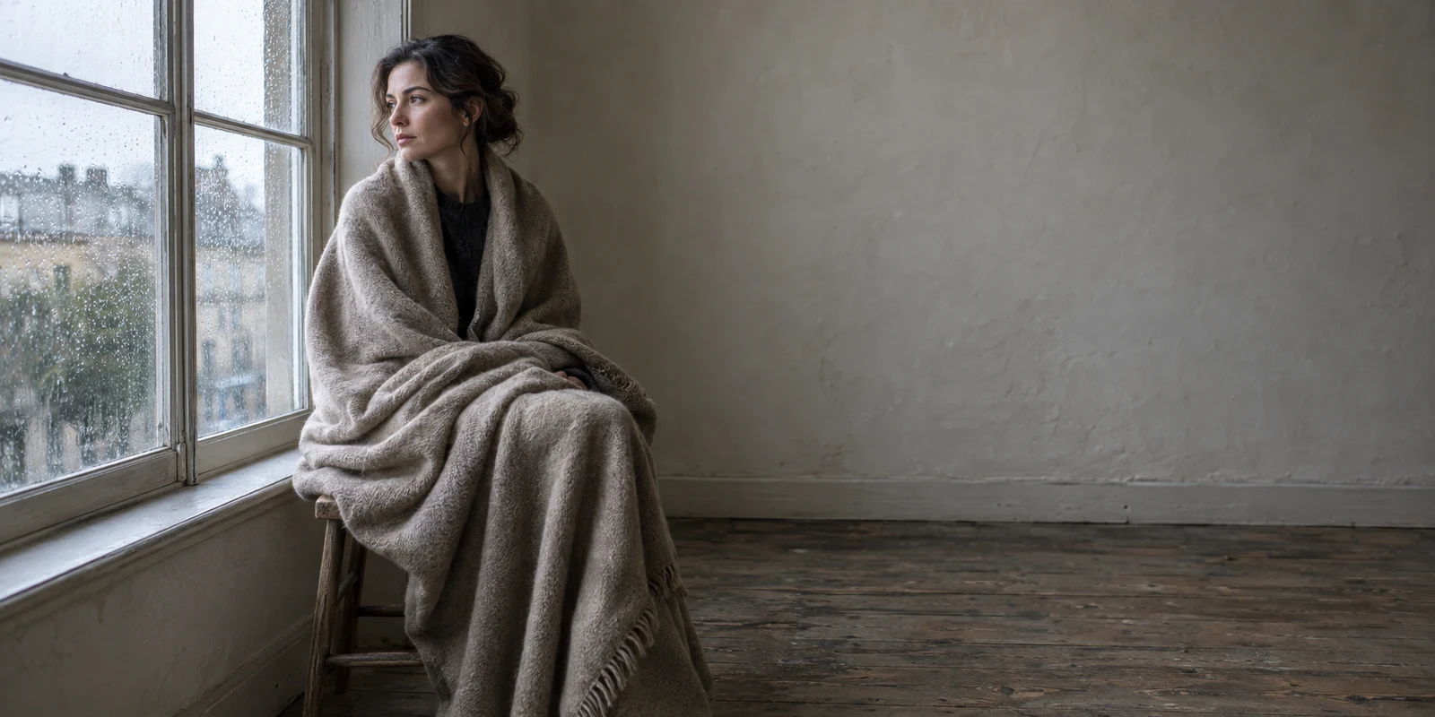 A woman sits wrapped in a thick taupe-gray blanket on a wooden stool beside a rain-speckled window, looking outside.