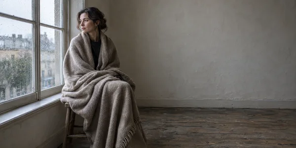 A woman sits wrapped in a thick taupe-gray blanket on a wooden stool beside a rain-speckled window, looking outside.