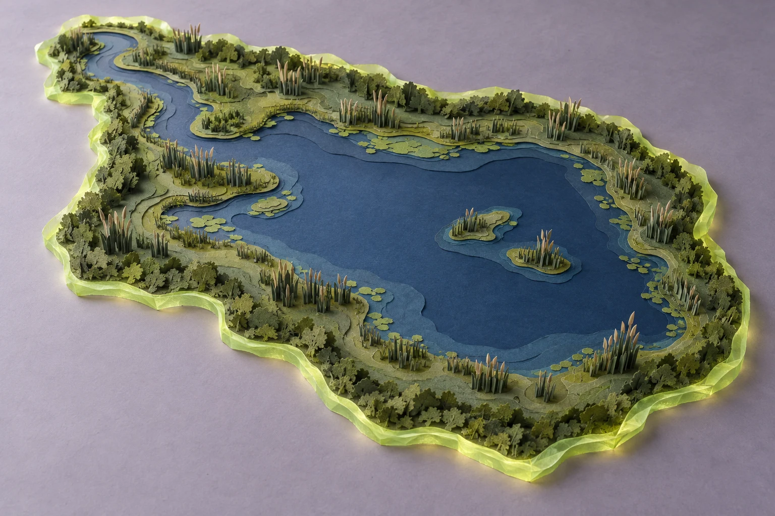 A layered paper-collage wetland model with a broad indigo lagoon, winding channels, green vegetated banks, reed clusters, and a luminous lime-colored border on…
