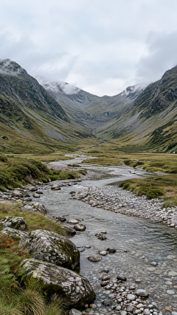 A shallow clear stream winds across pale gravel bars through a steep-sided mountain valley, with grassy and rocky slopes rising into low cloud beneath a broad…