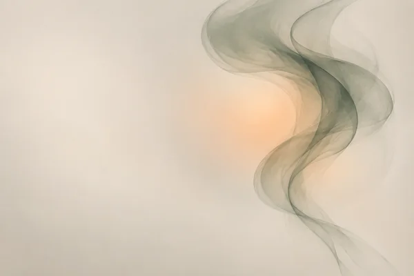 A translucent grey-green smoke-like veil curls in a loose S-shape across the right side of a pale warm-toned field, with a soft apricot glow behind it and open…