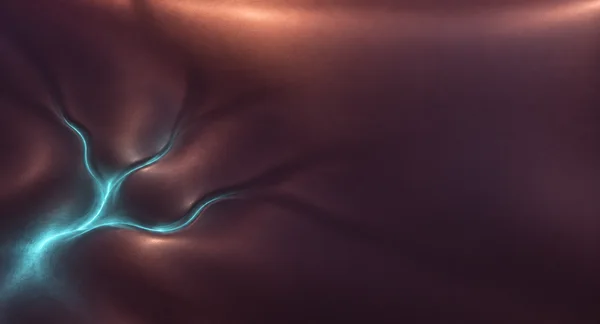 A dark aubergine metallic surface fills the frame, with a broad copper reflection along the top and a cyan glowing formation branching from the lower-left…