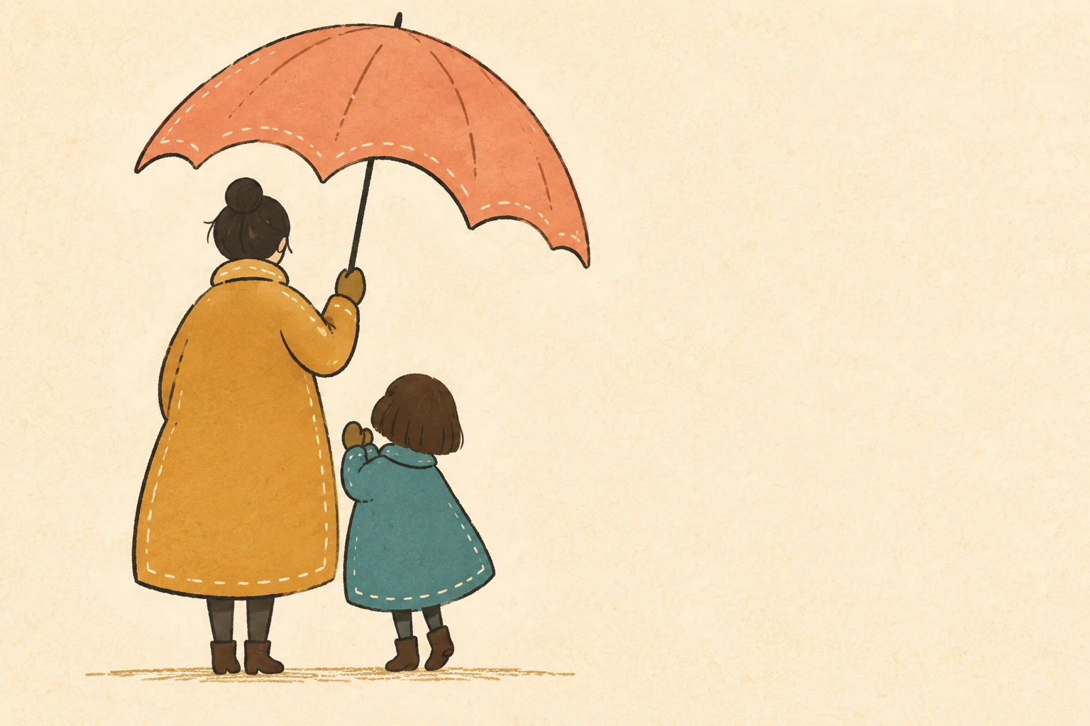 A mother in an ochre coat and a young daughter in a teal coat stand together beneath a broad coral umbrella against warm cream paper; the daughter is on…