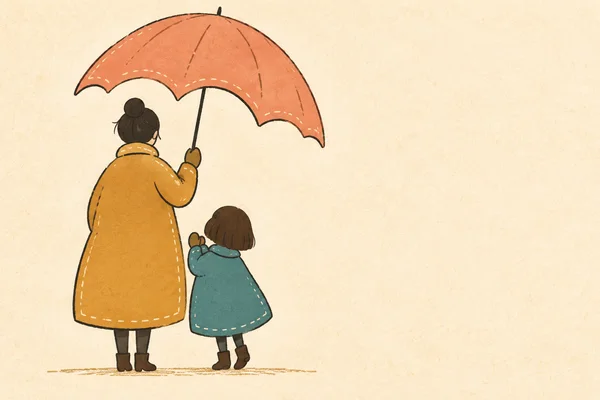 A mother in an ochre coat and a young daughter in a teal coat stand together beneath a broad coral umbrella against warm cream paper; the daughter is on…