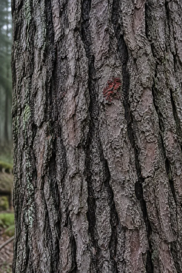 Close-up of deeply ridged grey-brown tree bark with a small reddish lichen cluster near the center and blurred green woodland along the edges.