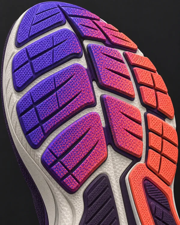 An extreme close-up of a running shoe outsole fills a vertical frame, with raised violet and coral tread blocks, dark grooves, pale foam channels, and a…