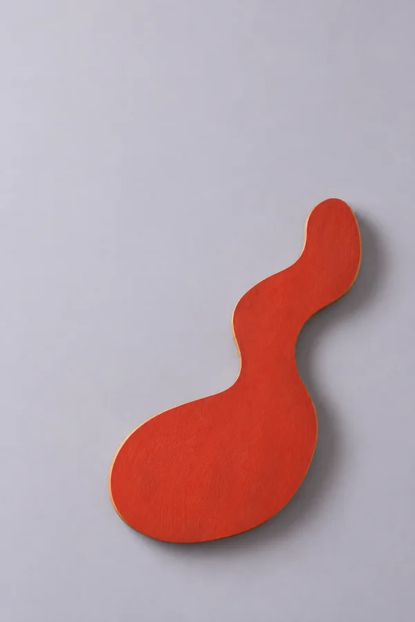 A vermilion-painted wooden relief with an irregular, curving silhouette and a narrow honey-coloured edge rests against a pale lavender-grey surface, casting a…