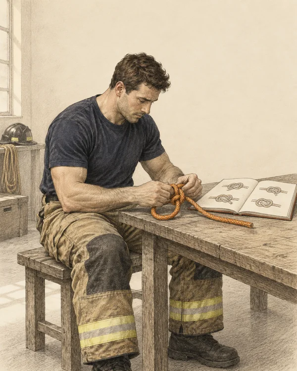 A seated man in a plain navy shirt and tan reflective-banded turnout trousers practices tying orange rope at a wooden workbench, with an open knot-drawing…