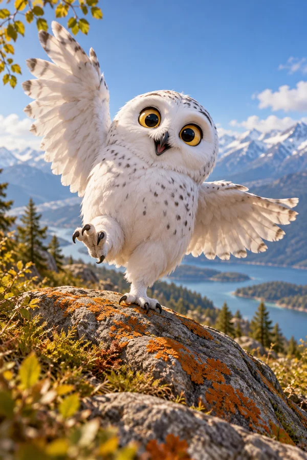 A white snowy owl with large golden eyes balances on one foot atop an orange-lichen rock, lifting the other foot and spreading its wings.