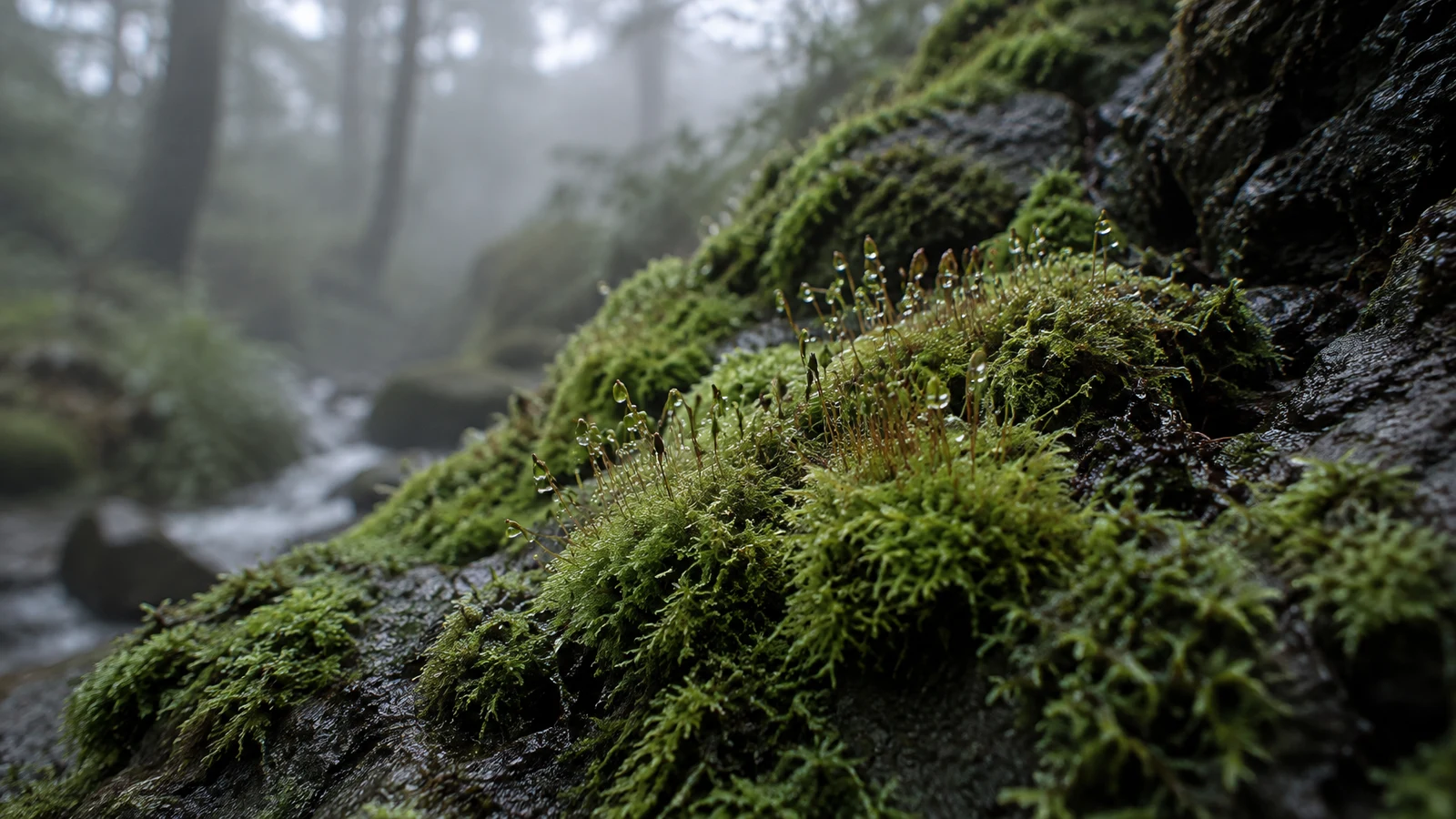 A close view of green moss and slender sporophyte stems on a wet, dark rock, with a softly blurred, misty woodland background.
