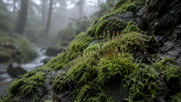 A close view of green moss and slender sporophyte stems on a wet, dark rock, with a softly blurred, misty woodland background.