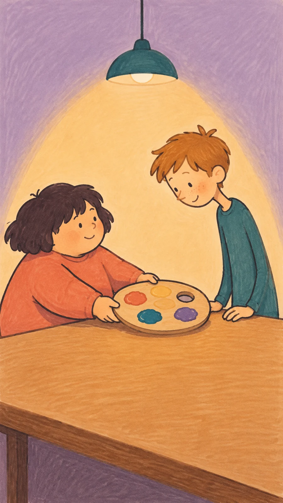 A child in a coral jumper slides an oval paint palette toward a taller child in teal across a wooden table, beneath a hanging lamp.