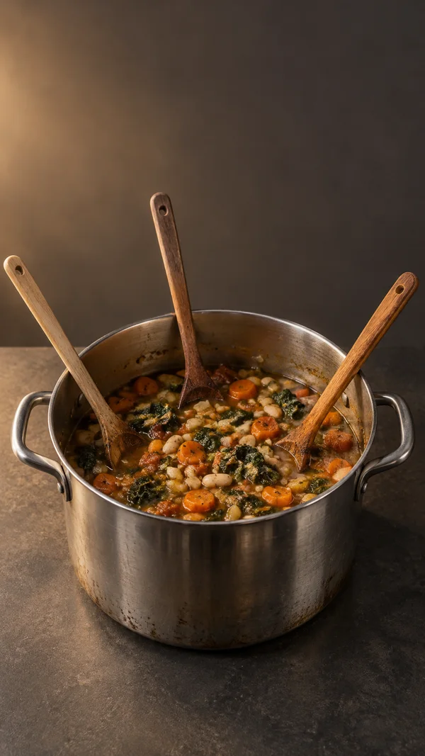 A worn stainless-steel stockpot of vegetable stew sits on a charcoal tabletop, with three wooden spoons resting inside and their handles leaning out in…