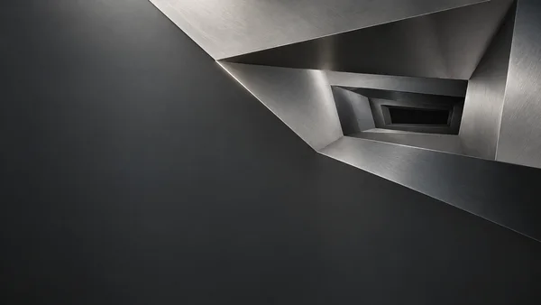 A folded stainless-steel optical tunnel recedes toward a dark rectangular slit in the upper-right, set against broad graphite negative space.