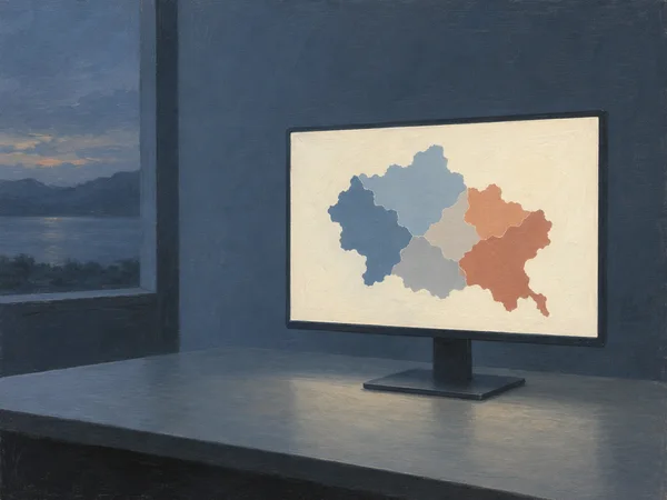 An oil-painted desktop monitor stands on a bare desk in a blue-gray room, its ivory screen displaying an unlabeled six-region map in slate blue and muted…