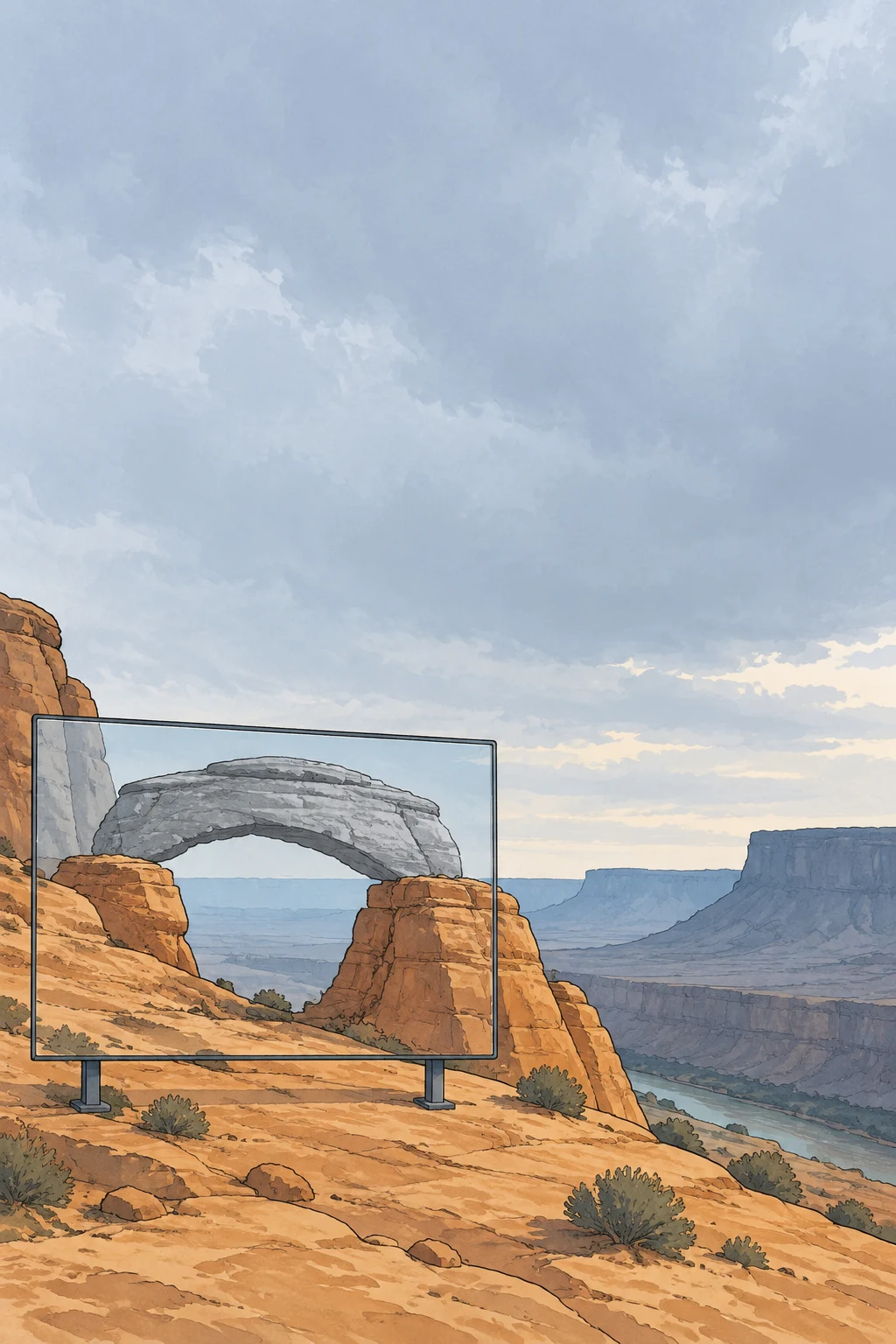A transparent rectangular interpretation panel on two short posts overlays a broad grey stone arch across ochre sandstone formations in a canyon, with layered…