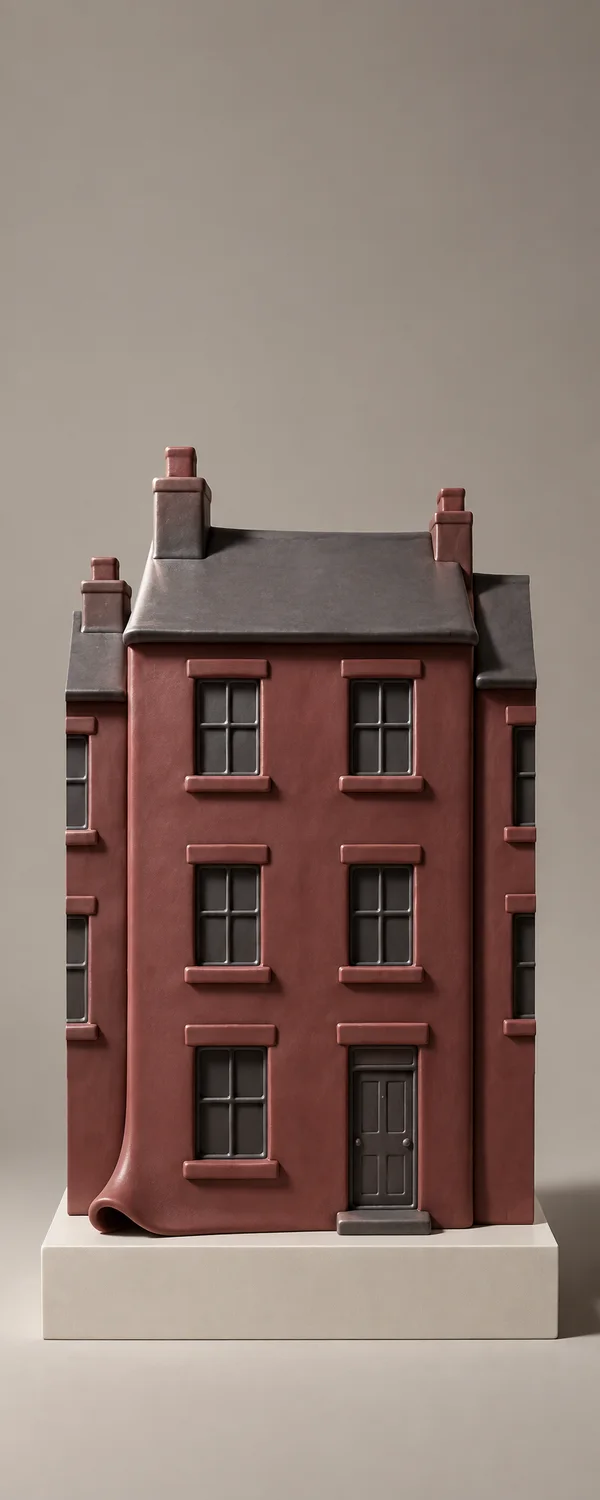 A muted reddish-brown, rubber-like three-storey house maquette stands on an ivory rectangular plinth against a warm gray background.