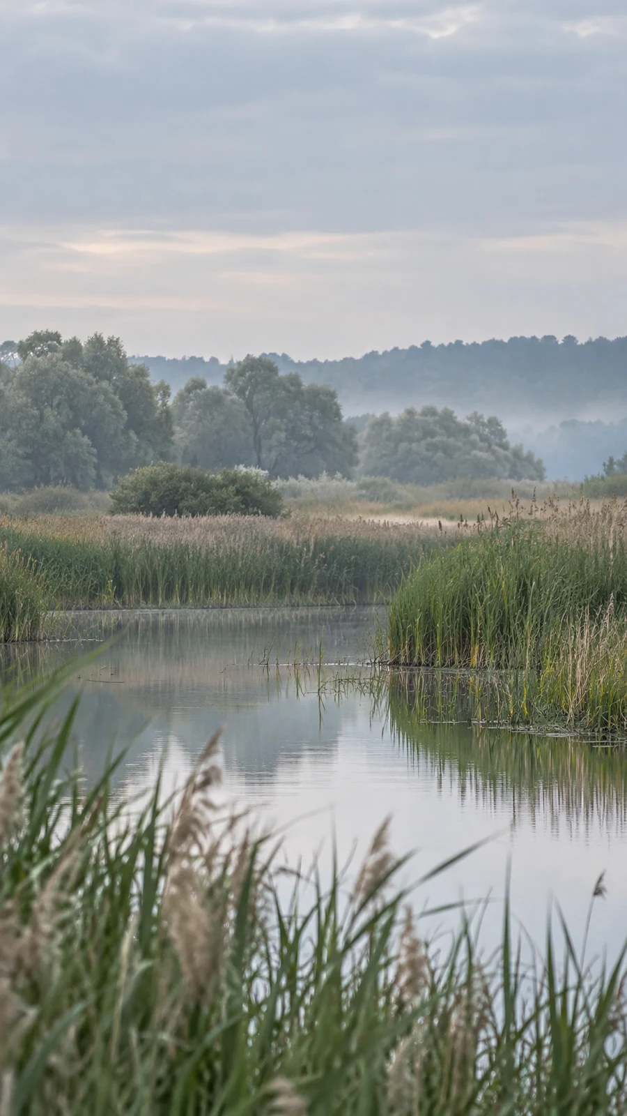 A still channel winds through a freshwater wetland bordered by dense green and straw-colored reeds, with pale trees and a hazy treeline beneath a broad cloudy…